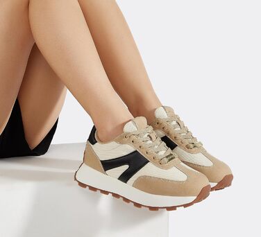 Кросівки жіночі Lucky Step на платформі бежево-чорні, ретро-стиль для бігу, тенісу та повсякденного носіння 37 EU