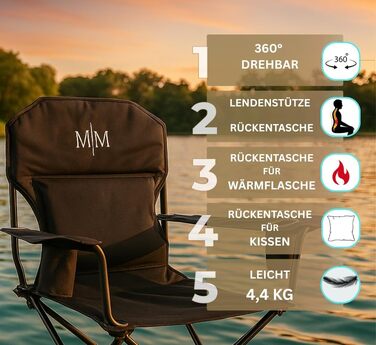 Складний туристичний стілець McMAISE® чорного кольору, до 150 кг, з кишенею для подушки/термосу, 360° обертання