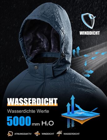 Чоловіча зимова куртка YSENTO: водонепроникна, тепла, з флісовою підкладкою, софтшелл, дихаюча, для катання на лижах та сноуборді з капюшоном (L, Джинсовий синій)