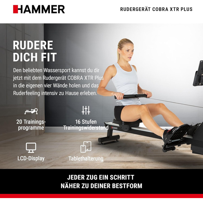 Гребний тренажер HAMMER Cobra XTR Plus II для дому, з інноваційним комп'ютером, тримачем для смартфона/планшета, до 130 кг, 232x55x75 см, чорний