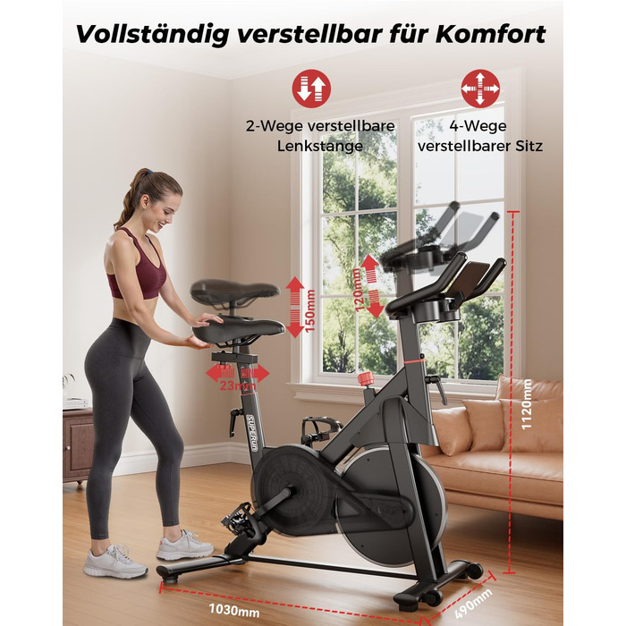 Велотренажер для дому Superun з APP, магнітний опір, 15 кг маховик, ультратихий, чорний