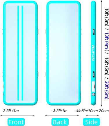 ALIFUN Килимок для гімнастики та акробатики надувний, 2м/3м/4м/6м, 10/20см, з насосом, для дому, фітнесу, тренувань, чирлідингу, басейну (зелений, 300x100x10 см)