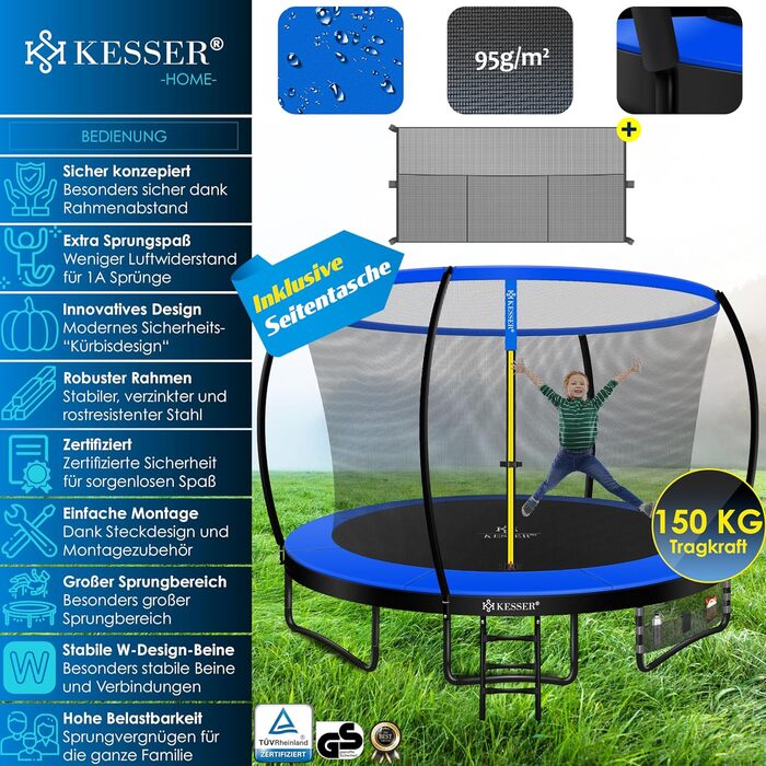 Трамплін KESSER® Ø 244/305/366/427 см з сіткою | Сертифікат TÜV Rheinland GS | Дитячий трамплін для саду, до 150 кг