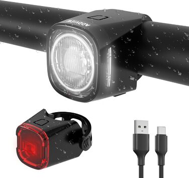 Набір велоліхтарів ADDVIEW, сертифікований StVZO, LED, IP65, водонепроникний - передній + задній ліхтар, USB Type-C, монтаж без інструментів, Twins