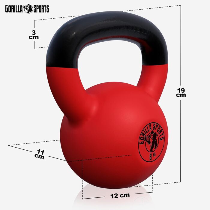 Kettlebell GORILLA SPORTS 2-32 кг, чавунна, з вініловим покриттям, для фітнесу та тренувань