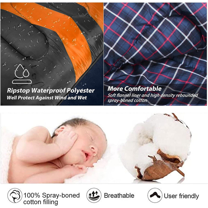 Чорний спальний мішок URPRO 1.6 кг з фланелі, 4 сезони, звичайний, водонепроникний, звичайний | З фланелі, звичайний, для відпочинку