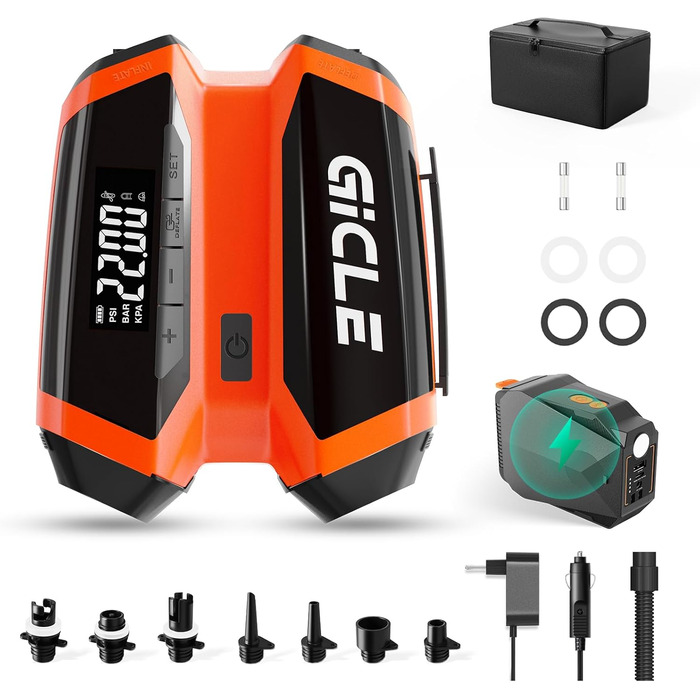 GICLE Електрична SUP-насос з акумулятором та портативним павербанком, 22 PSI, для SUP, човнів, наметів, каяків, перезаряджається (EU стандарт)