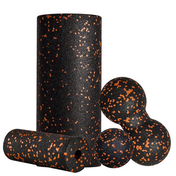 Набір для міофасціального релаксу: Foam Roller, м'ячик для фасцій, міні-ролик, дуобол для йоги та масажу (Синьо-чорно-помаранчевий)