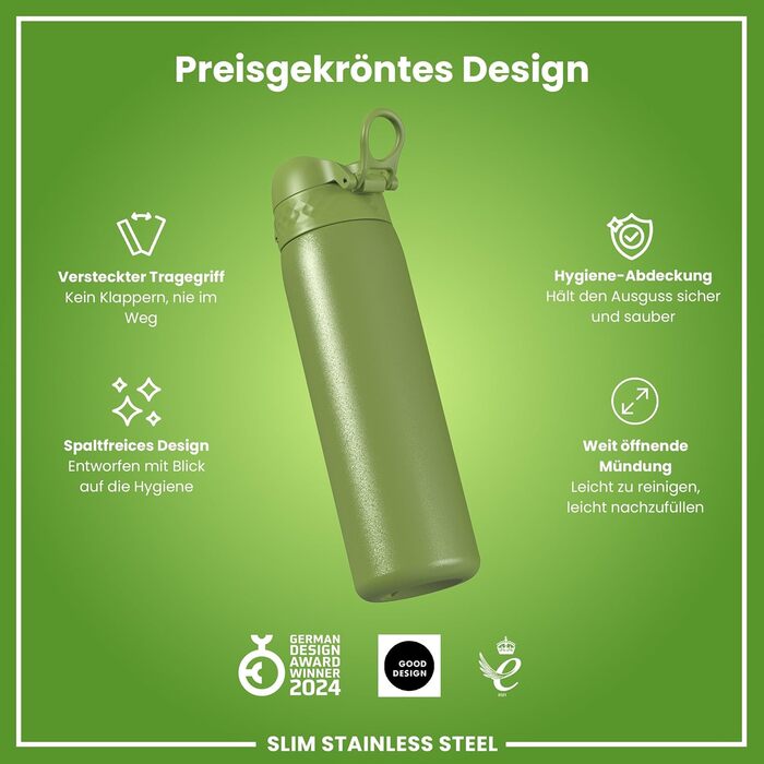 Фляга для води ION8 Leicht 600 мл, неізольована, з клапаном, не протікає, з ручкою, сталь, хакі