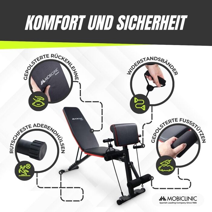 Mobiclinic Складана універсальна лавка для жиму зі штангою, з регульованим нахилом, опором-стрічками, колесами, до 120 кг, для домашнього фітнесу