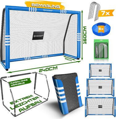Ворота для футболу KESSER® для саду, 240 см, міцні, для тренувань, з UV-стійким сіткою, сталевий каркас з підкладкою, фіксатори для землі, насос, конуси, аксесуари для монтажу, для дітей та дорослих, блакитні