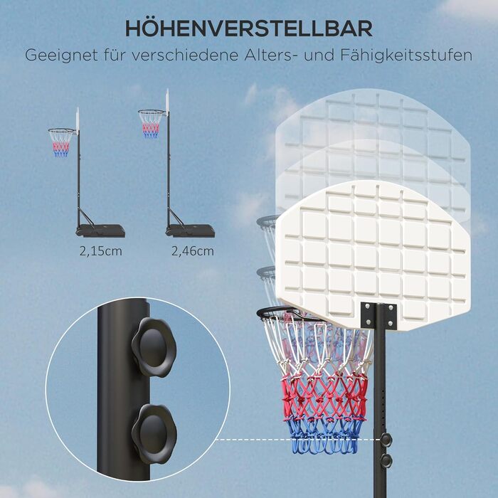 Баскетбольний кошик SPORTNOW з підставкою, регульована висота 179-209 см, сталевий, на колесах, для вулиці, багатокольоровий