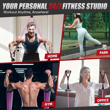 HPYGN Набір еластичних стрічок для фітнесу, 150lbs/200lbs/250lbs, 5 рівнів опору, з ручками, кігтями для щиколоток та анкером для дверей, для занять вдома, в спортзалі та на вулиці (рожевий, 150lbs)