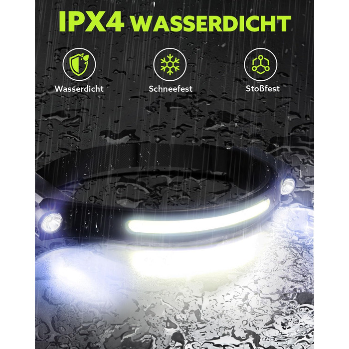 Ліхтар на голову LED акумуляторний, 1200 люмен, сенсор, 2 прожектори, COB, 5 режимів, 12 годин роботи, IPX4, для бігу, кемпінгу, чорний