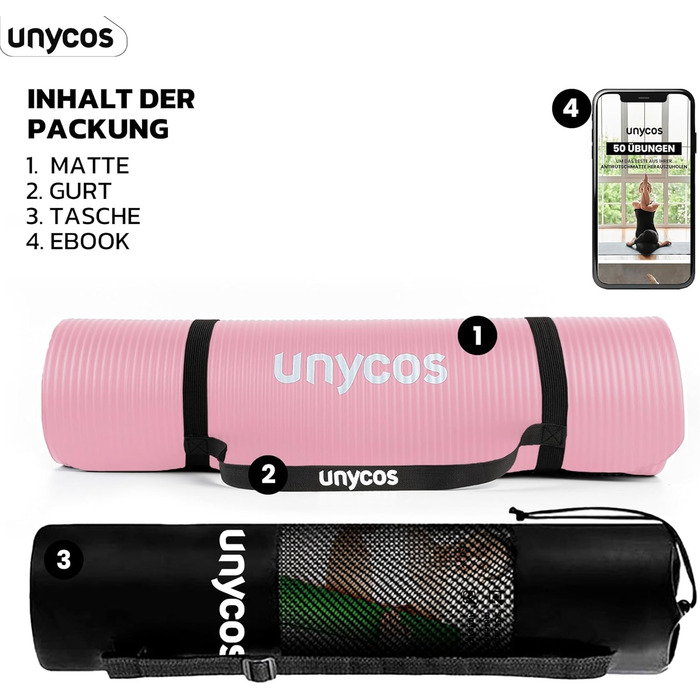 Килимок для йоги Unycos з неслизькою поверхнею | Висока щільність 6/10/15 мм, гімнастичний килимок з ременем для перенесення, інструкція (E-Book) | Дружній до шкіри фітнес-килимок для пілатесу, тренажерний зал, рожевий, 183*60*1 см