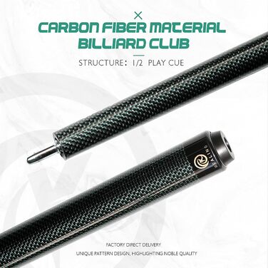 Кю Billardqueue KHEALING з карбону, 58 дюймів, 1/2-дюймова структура, 3-зубчастий з'єднувальний елемент, 12.4 мм наконечник, 540-567 г, для професійних гравців у більярд (зелений)