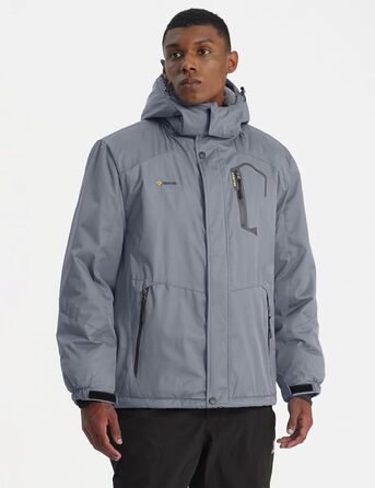 Чоловіча тепла зимова куртка GEMYSE для катання на лижах, вітро- та водонепроникна, дихаюча, з багатьма кишенями, з капюшоном (Сірий, M)