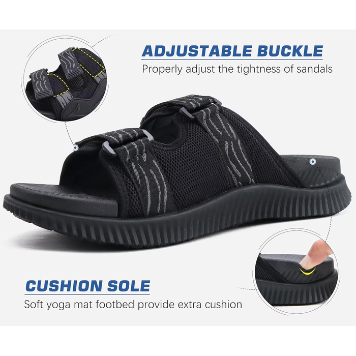 Чоловічі спортивні сандалі KuaiLu з м'якою устілкою, ортопедичні для фасціїту, для активного відпочинку та походів, легкі, відкриті, з регульованою застібкою-липучкою, чорні, 45 EU