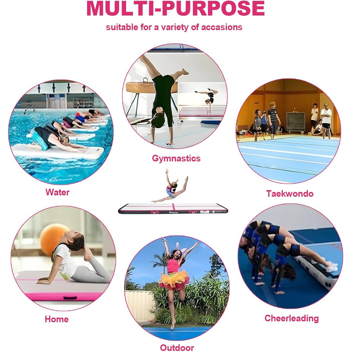 FBSPORT Airtrack Matte -Гімнастичний надувний мат, 600x100x20 см, чорний/рожевий