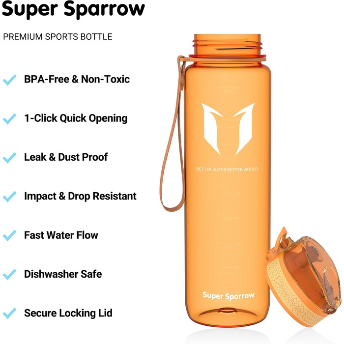 Спортивна пляшка для води Sparrow Tritan 1 л, без BPA, герметична з кришкою Flip Top, світло-жовта