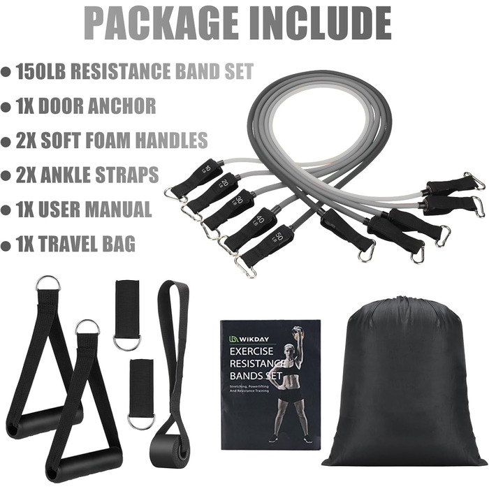 Еластичні гумки WIKDAY для фітнесу: комплект з ручками, фіксатором для дверей та ремінцями для щиколоток. Ідеально для кросфіту, розтяжки та домашніх тренувань.