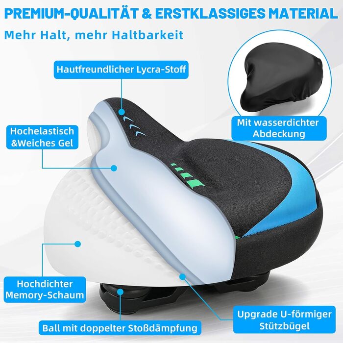 Велосипедне сідло CDYWD для чоловіків та жінок, широке, м'яке, гелеве, ергономічне, універсальне, синьо-зелене