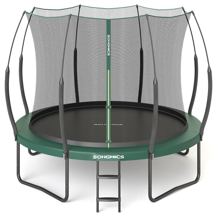 Батут SONGMICS Federloses Outdoor Ø 244/305/366 см, дитячий, для саду, з еластичними тросами, сітка безпеки на блискавці, склопластикові стійки, безпечний, тихий, 305 см, колір: джунглевий зелений