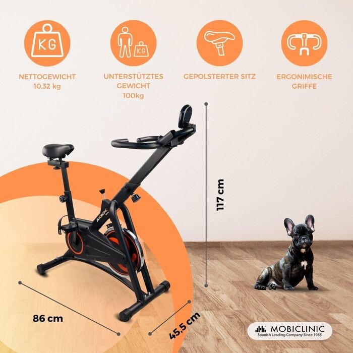 Велотренажер Mobiclinic Fitness Makalu, 10 кг маховик, регульований опір, LCD-дисплей, пульсомір, тримач для пляшки та смартфона, європейський бренд