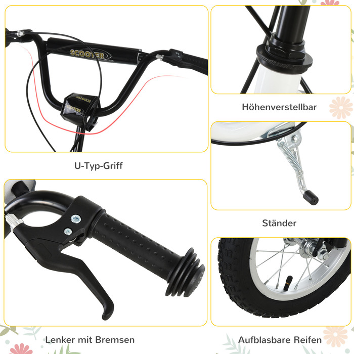 Дитячий самокат HOMCOM Самокат від 5 років, дитячий самокат Kick Scooter City Scooter з пневматичною шиною 12 дюймів, гума алюміній, білий| Аосом