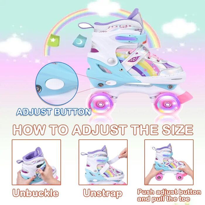 Дитячі ролики для дівчаток з регулюванням розміру, світлодіодні, для підлітків та початківців. Розміри 31-42, ролики. Ролики з регулюванням для дітей, кольори веселки