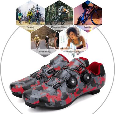 Чоловічі велотуфлі для MTB та шосейної їзди, кросівки, дихаючі, для занять у приміщенні та на вулиці, сумісні з SPD/SPD-SL, 42 EU, камуфляжний малюнок, червоний колір