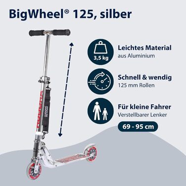 Самокат HUDORA BigWheel 125 алюмінієвий, складаний, для дітей, до 100 кг, регульована висота, міський, з ременем для перенесення