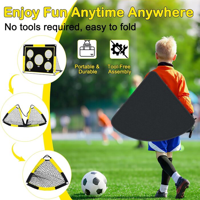 Дитячі воріта для футболу 2-в-1, 150х120 см, портативні та стабільні, з 5 цілями, 4 анкери та сумка, для саду, парку, пляжу (жовті)