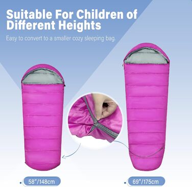 Сплячий мішок для дітей REDCAMP 175x65 см, рожевий. Теплий, зручний, регульований, для кемпінгу та відпочинку на природі. 3-сезонний