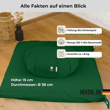 Зігзафкуш для медитації Inner Peace | Йога-подушка з екологічної дінкової наповнювачем | Подушка для медитації у формі півмісяця | Зроблено в Німеччині | Зручний знімний чохол з 100% органічної бавовни (лісово-зелений)