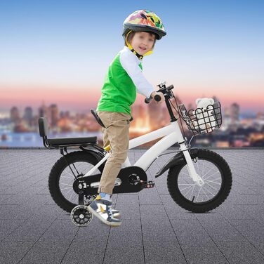 Дитяче велосипед 14 дюймів з додатковими колесами та кошиком, для дітей 3-7 років, регульоване по висоті, з подвійним гальмом, для дівчаток та хлопчиків (білий)