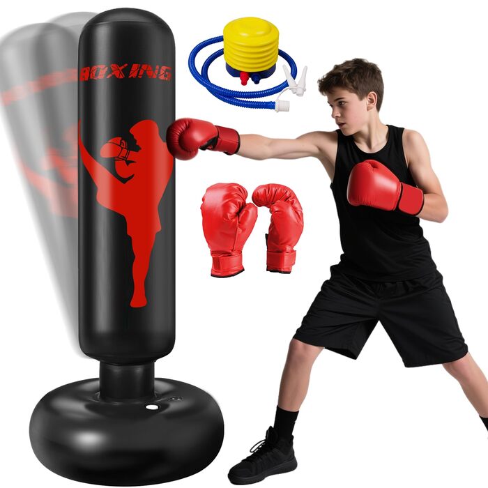 Боксерський мішок дитячий Ninonly 160 см з рукавичками та насосом - стійкий боксерський мішок для дому, вулиці, спортзалу для хлопчиків та дівчаток (чорний)