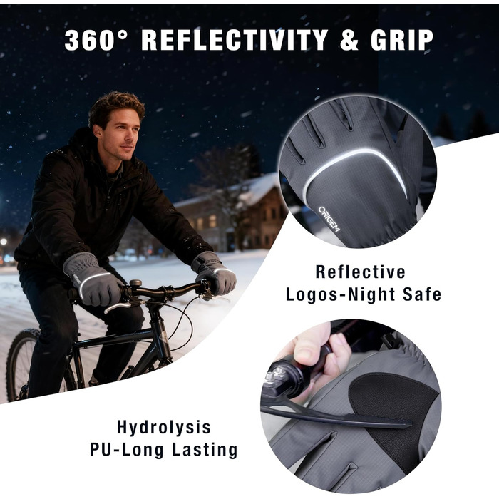 Рукавички зимові для чоловіків та жінок, велосипедні та гірськолижні, 3M Thinsulate, водонепроникні, теплі флісові з підтримкою сенсорного екрану, сірі, розмір L