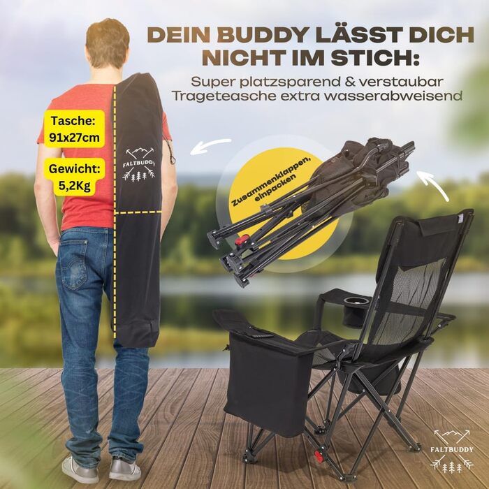 Крісло для кемпінгу Faltbuddy® 2-в-1: стілець та лежак, 180 кг, чорний, з великою сумкою-холодильником. Ідеально для риболовлі, пляжу, фестивалів та відпочинку на природі.