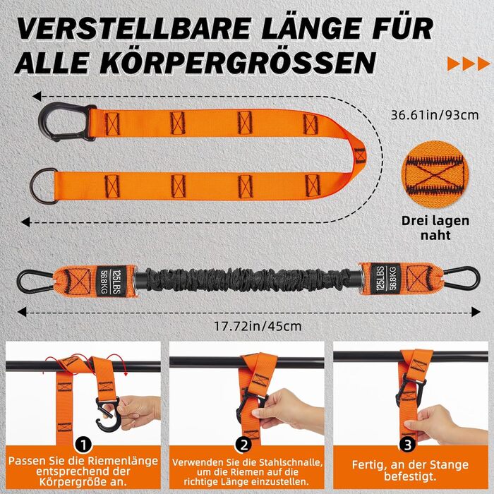 Смуги опору для підтягувань Klimmzughilfe, 50-350lbs, регульований опір та висота, з підставкою для ніг, помаранчеві