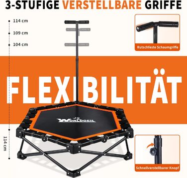 Складаний фітнес-батут для дому з регульованою ручкою, навантаження до 150 кг, діаметр 86.5 см, помаранчевий — для дорослих та дітей