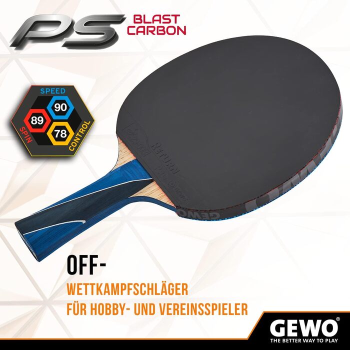 GEWO PS Blast Carbon – професійна ракетка для настільного тенісу з вуглецю, ITTF, швидке покриття GEWO Return Pro, висока обертальність, 1,8 мм, анатомічна ручка