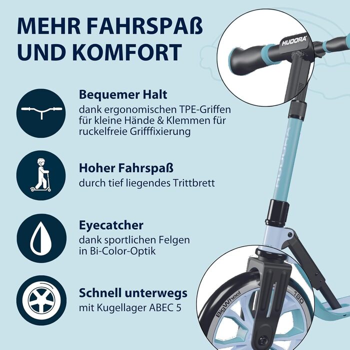 Дитячий самокат HUDORA BigWheel 180 Advanced Junior, складаний, з рефлекторами, регулювання висоти, для хлопчиків і дівчаток від 3 років, до 60 кг