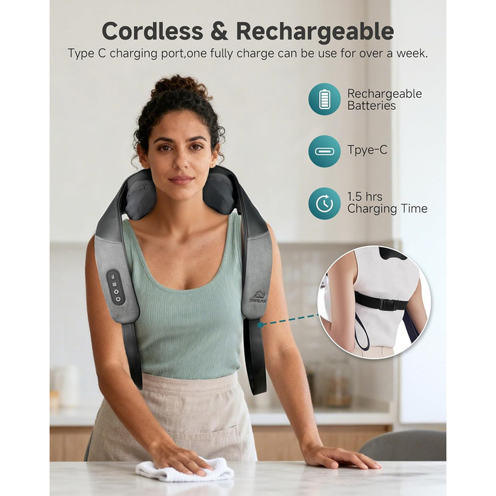 Масажер для шиї та спини Snailax Shiatsu бездротовий з підігрівом, 4D ролики, акумуляторний, USB-C, чорний