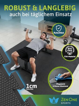 Пазл-килимок для фітнесу ZenOne Sports® 30x30x1 см (18 шт., 1.5 м²) - захисний килимок для тренажерів, чорний
