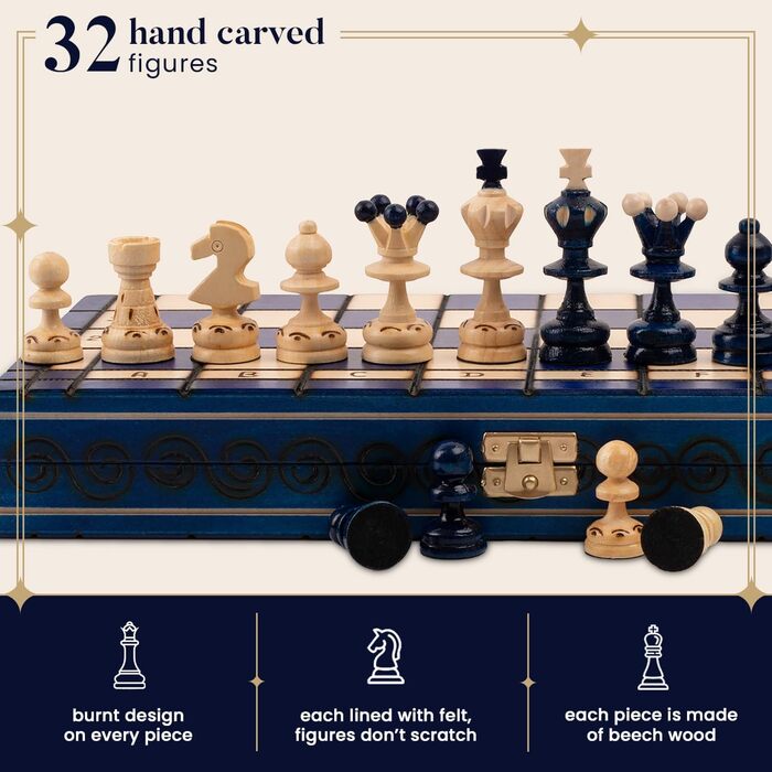 Шахова дошка дерев'яна преміум Master of Chess 35 см, зелена, складана, з фігурами, ручна робота, класичний шаховий набір