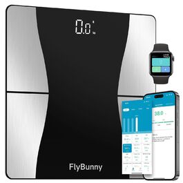 Ваги Flybunny для вимірювання складу тіла: жир, м'язи, BMI, пульс, вода, білок, кістки. Цифрові ваги для людей. Білий & Чорний колір