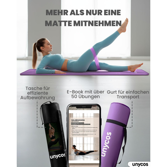 Килимок для йоги Unycos: антиковзаюча поверхня, висока щільність 6/10/15 мм, з сумкою, для пілатесу та фітнесу, колір ліловий, розмір 183*66*1 см.