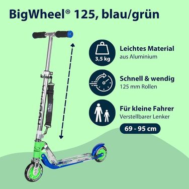 Дитячий алюмінієвий самокат HUDORA BigWheel 125, міський, складаний, регульований, до 100 кг, з ременем для перенесення