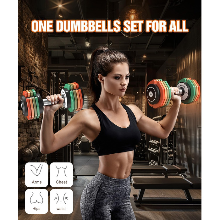 Регульовані гантелі, набір 2 шт., 5.7-25 кг, 5-в-1, набір гантелей з неслизьким грифом та кольоровими дисками для дому, спортзалу, вантажна система 10.2 кг за пару